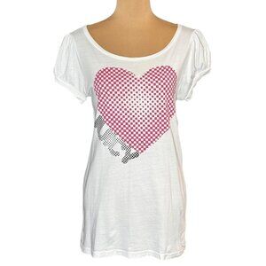 VTG Y2K Juicy Couture Graphic Tee Sz.L White Metallic Heart Logo Puff Sleeve